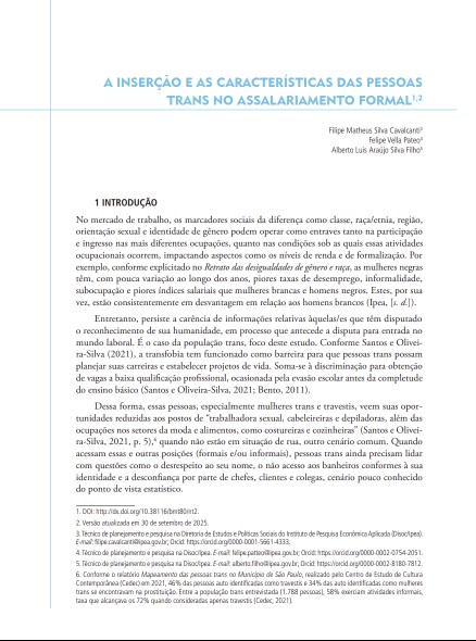 Capa de A inserção e as características das pessoas trans no assalariamento formal